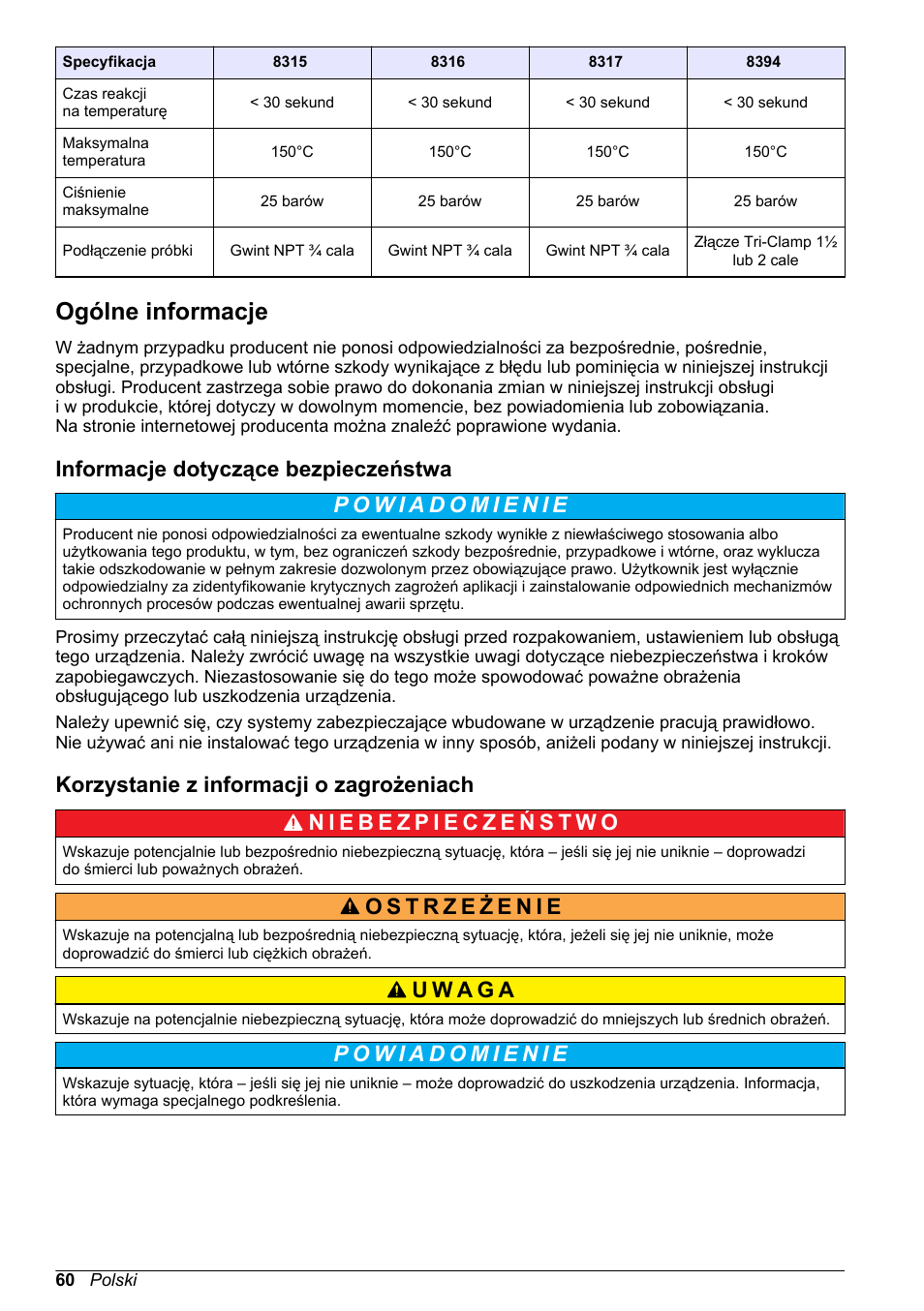 Ogólne informacje, Informacje dotyczące bezpieczeństwa, Korzystanie z informacji o zagrożeniach | Hach-Lange POLYMETRON 9500 Contacting Conductivity Sensors User Manual User Manual | Page 60 / 82