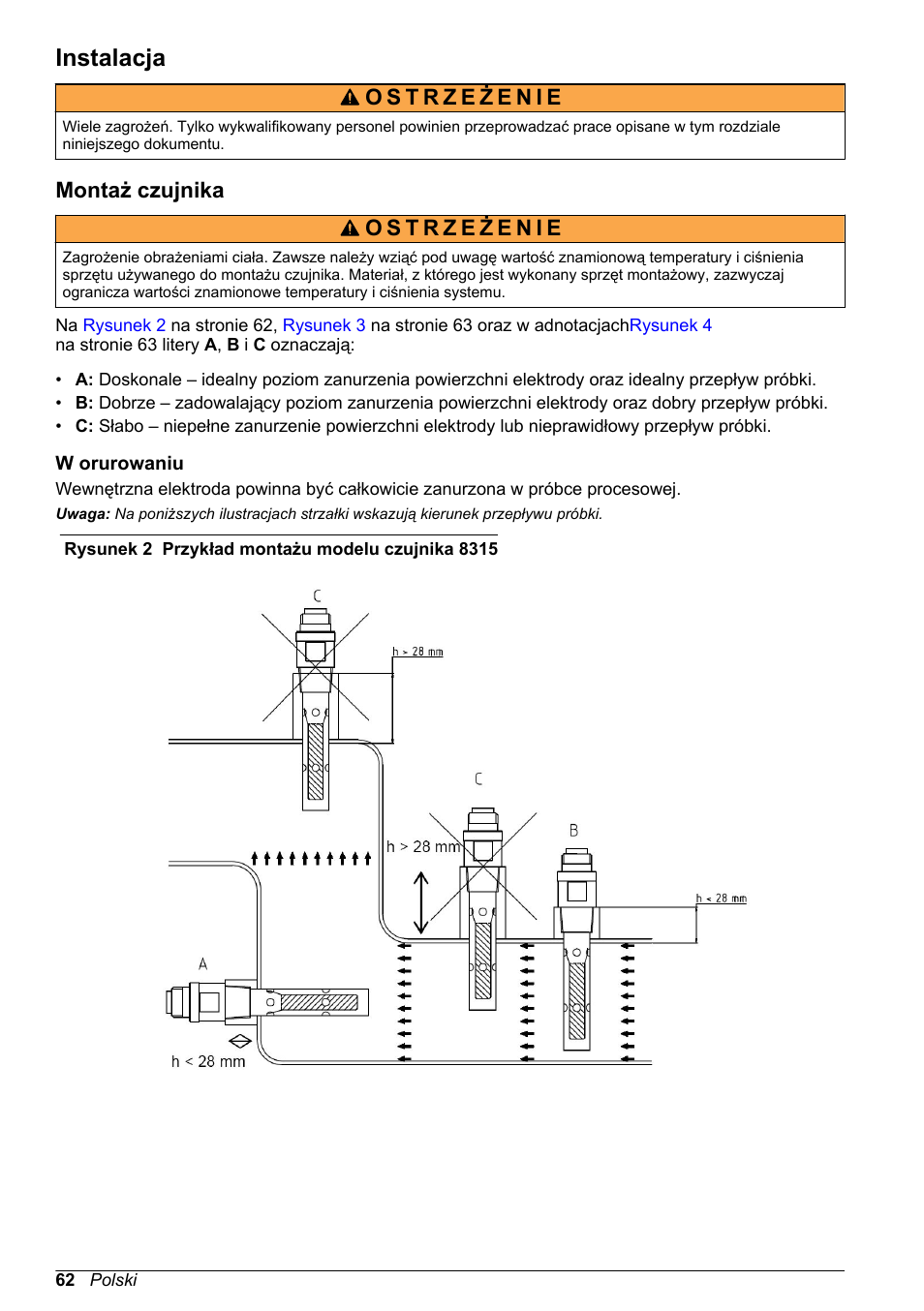 Instalacja, Montaż czujnika, W orurowaniu | Hach-Lange POLYMETRON 9500 Contacting Conductivity Sensors User Manual User Manual | Page 62 / 82