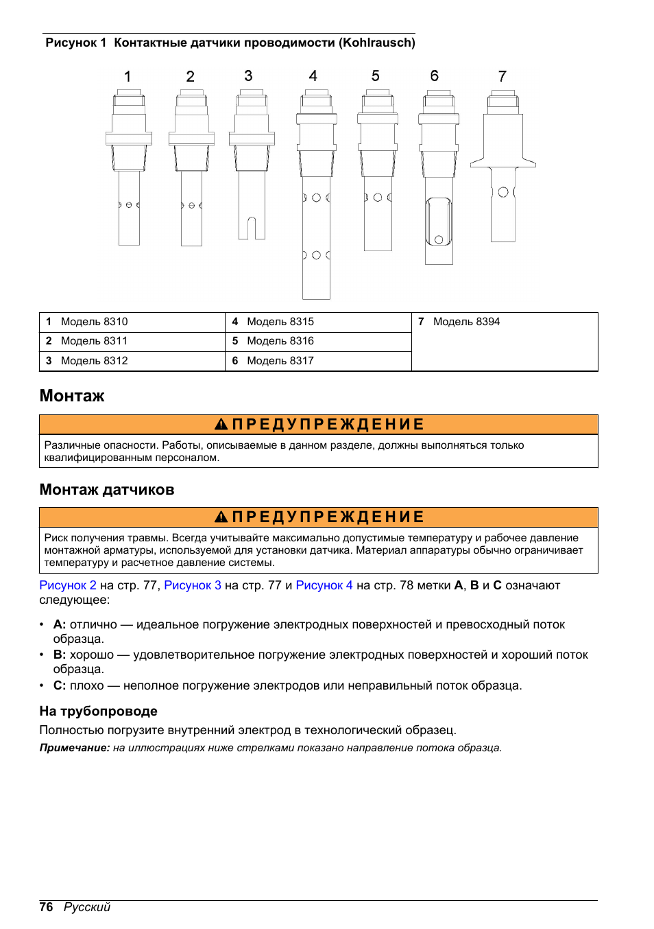 Монтаж, Монтаж датчиков, На трубопроводе | Hach-Lange POLYMETRON 9500 Contacting Conductivity Sensors User Manual User Manual | Page 76 / 82