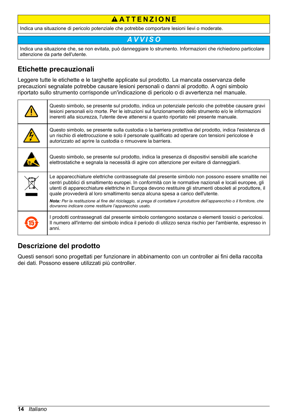 Etichette precauzionali, Descrizione del prodotto | Hach-Lange POLYMETRON 9500 Inductive Conductivity Sensors User Manual User Manual | Page 14 / 62