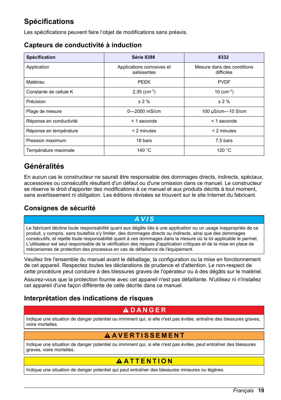 Manuel d'utilisation, Spécifications, Capteurs de conductivité à induction | Généralités, Consignes de sécurité, Interprétation des indications de risques, Français | Hach-Lange POLYMETRON 9500 Inductive Conductivity Sensors User Manual User Manual | Page 19 / 62