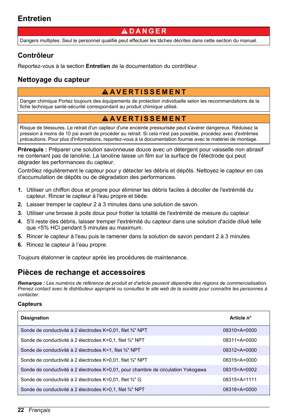 Entretien, Contrôleur, Nettoyage du capteur | Pièces de rechange et accessoires | Hach-Lange POLYMETRON 9500 Inductive Conductivity Sensors User Manual User Manual | Page 22 / 62
