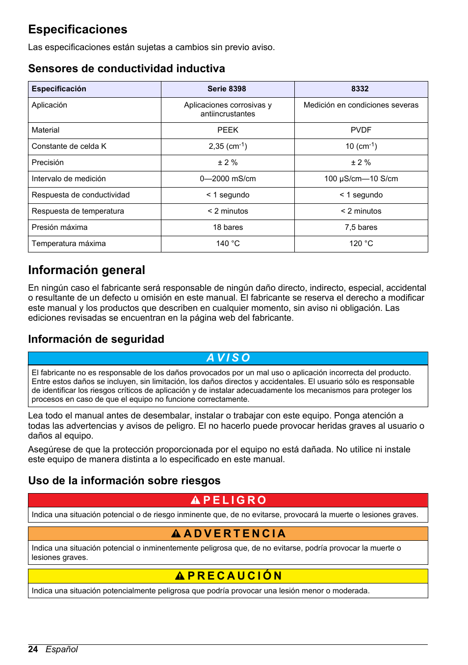 Manual de usuario, Especificaciones, Sensores de conductividad inductiva | Información general, Información de seguridad, Uso de la información sobre riesgos, Español | Hach-Lange POLYMETRON 9500 Inductive Conductivity Sensors User Manual User Manual | Page 24 / 62