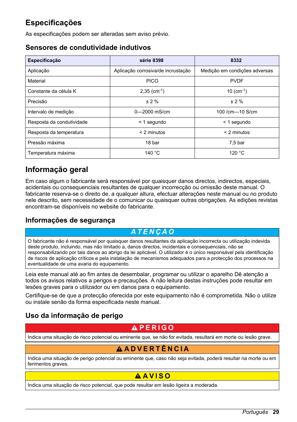 Manual do utilizador, Especificações, Sensores de condutividade indutivos | Informação geral, Informações de segurança, Uso da informação de perigo, Português | Hach-Lange POLYMETRON 9500 Inductive Conductivity Sensors User Manual User Manual | Page 29 / 62
