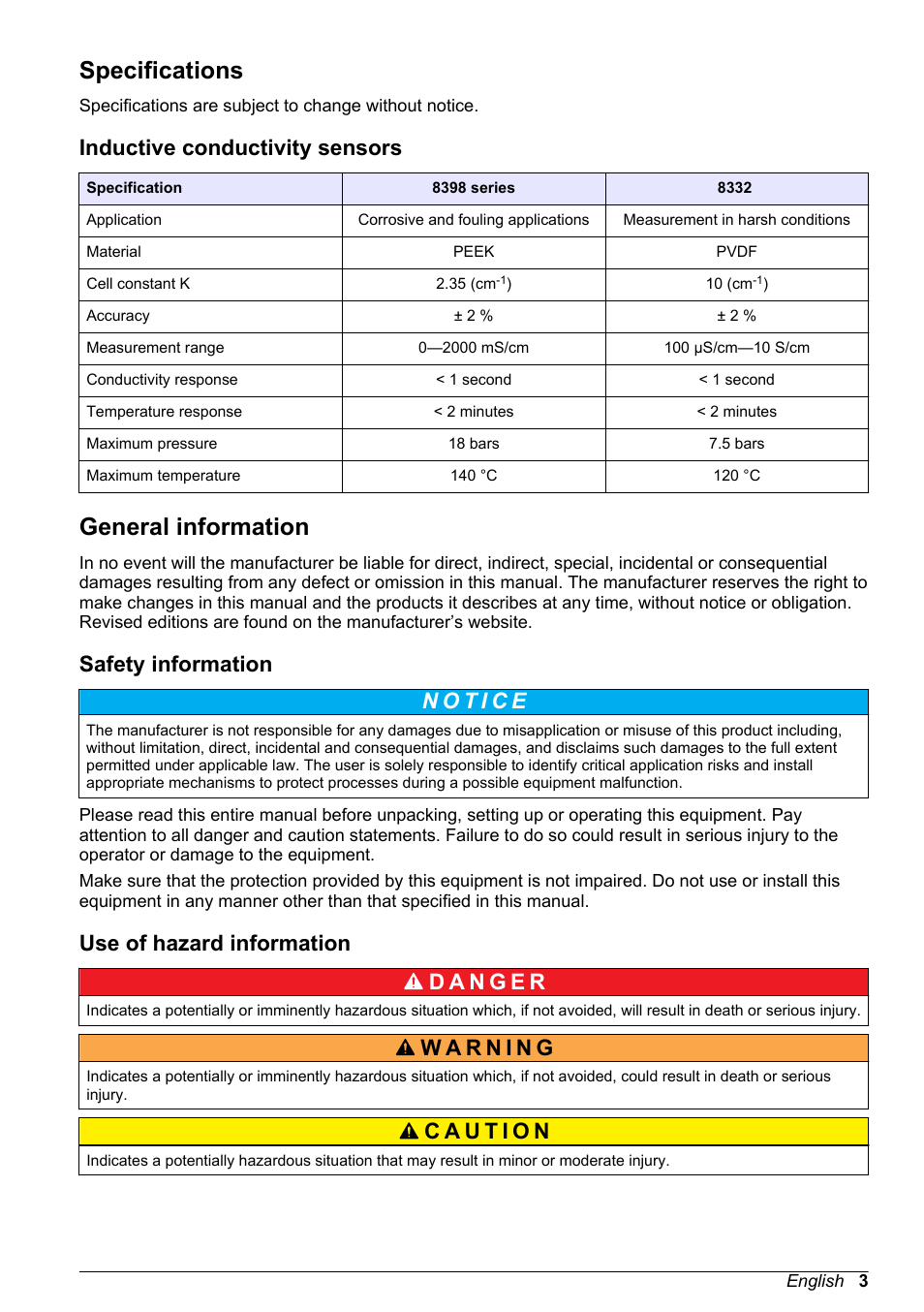 User manual, Specifications, Inductive conductivity sensors | General information, Safety information, Use of hazard information, English | Hach-Lange POLYMETRON 9500 Inductive Conductivity Sensors User Manual User Manual | Page 3 / 62