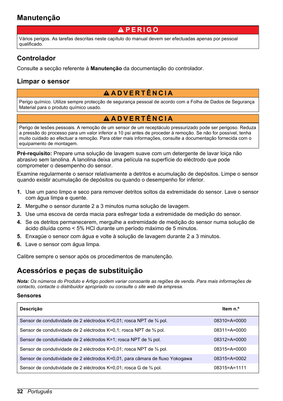 Manutenção, Controlador, Limpar o sensor | Acessórios e peças de substituição | Hach-Lange POLYMETRON 9500 Inductive Conductivity Sensors User Manual User Manual | Page 32 / 62