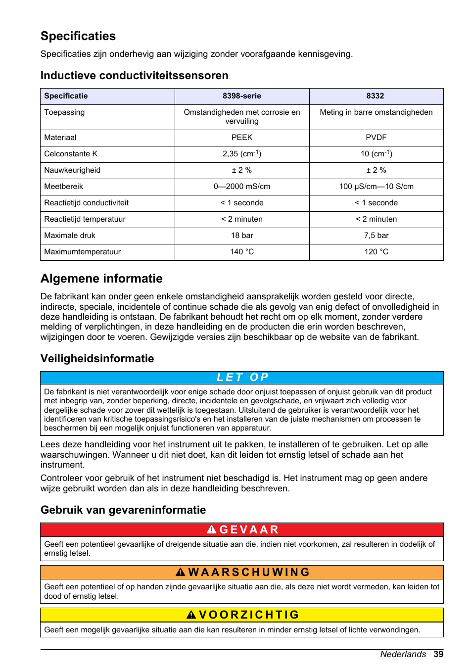 Gebruikershandleiding, Specificaties, Inductieve conductiviteitssensoren | Algemene informatie, Veiligheidsinformatie, Gebruik van gevareninformatie, Nederlands | Hach-Lange POLYMETRON 9500 Inductive Conductivity Sensors User Manual User Manual | Page 39 / 62