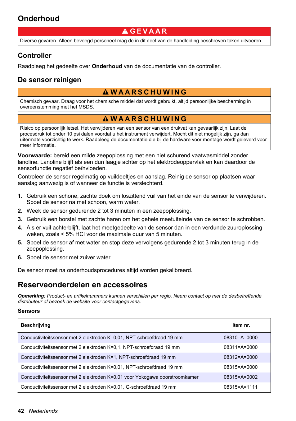 Onderhoud, Controller, De sensor reinigen | Reserveonderdelen en accessoires | Hach-Lange POLYMETRON 9500 Inductive Conductivity Sensors User Manual User Manual | Page 42 / 62