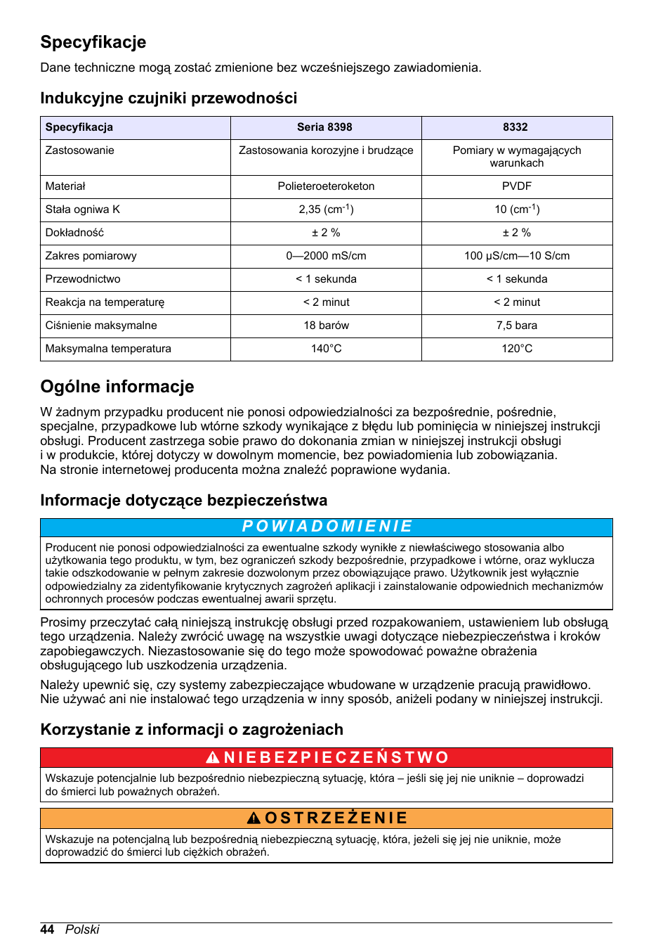 Instrukcja obsługi, Specyfikacje, Indukcyjne czujniki przewodności | Ogólne informacje, Informacje dotyczące bezpieczeństwa, Korzystanie z informacji o zagrożeniach, Polski | Hach-Lange POLYMETRON 9500 Inductive Conductivity Sensors User Manual User Manual | Page 44 / 62