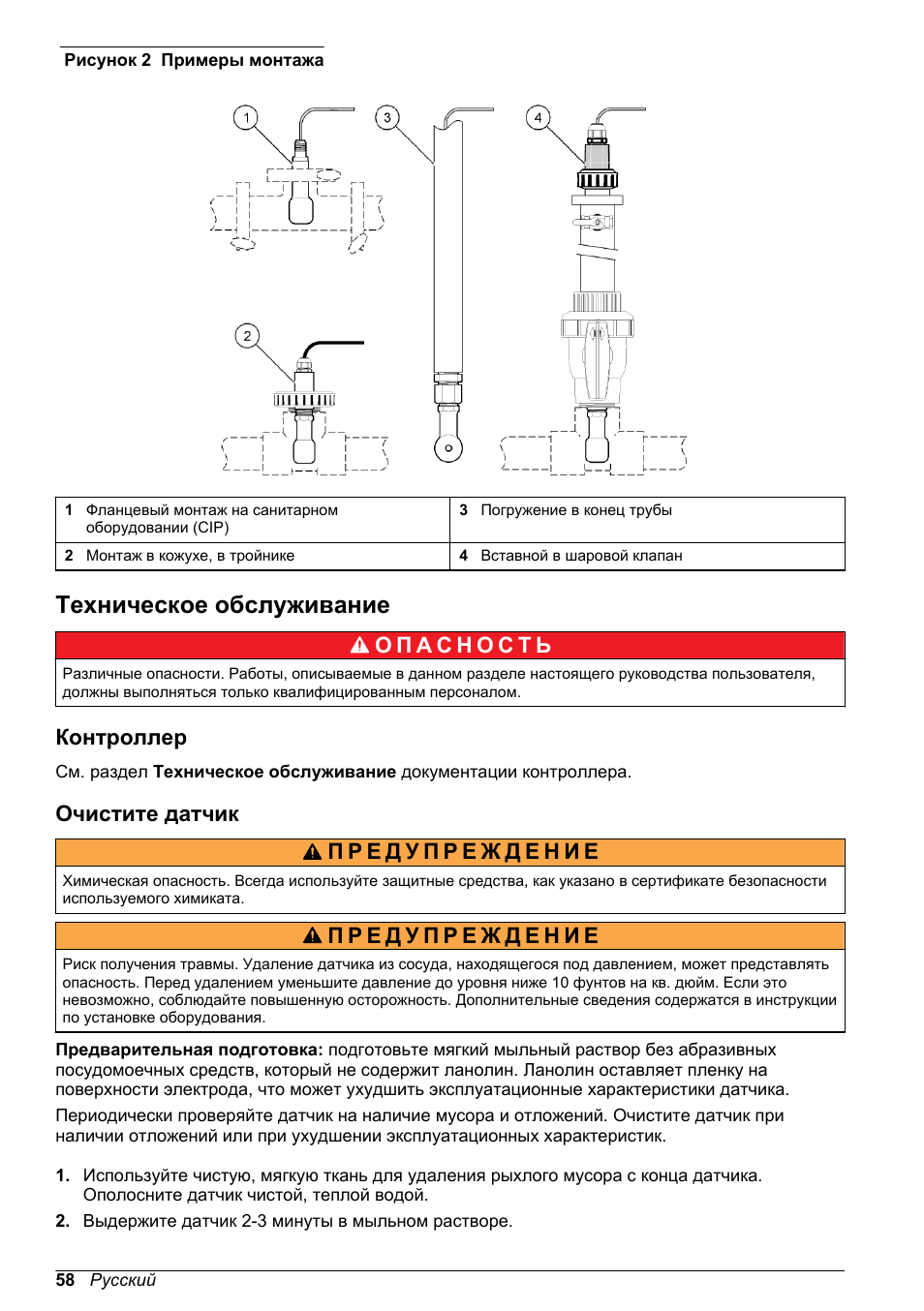 Техническое обслуживание, Контроллер, Очистите датчик | Hach-Lange POLYMETRON 9500 Inductive Conductivity Sensors User Manual User Manual | Page 58 / 62