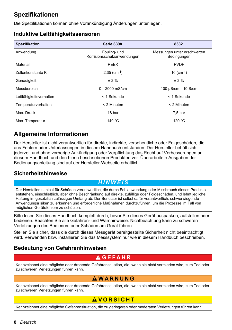 Bedienungsanleitung, Spezifikationen, Induktive leitfähigkeitssensoren | Allgemeine informationen, Sicherheitshinweise, Bedeutung von gefahrenhinweisen, Deutsch | Hach-Lange POLYMETRON 9500 Inductive Conductivity Sensors User Manual User Manual | Page 8 / 62