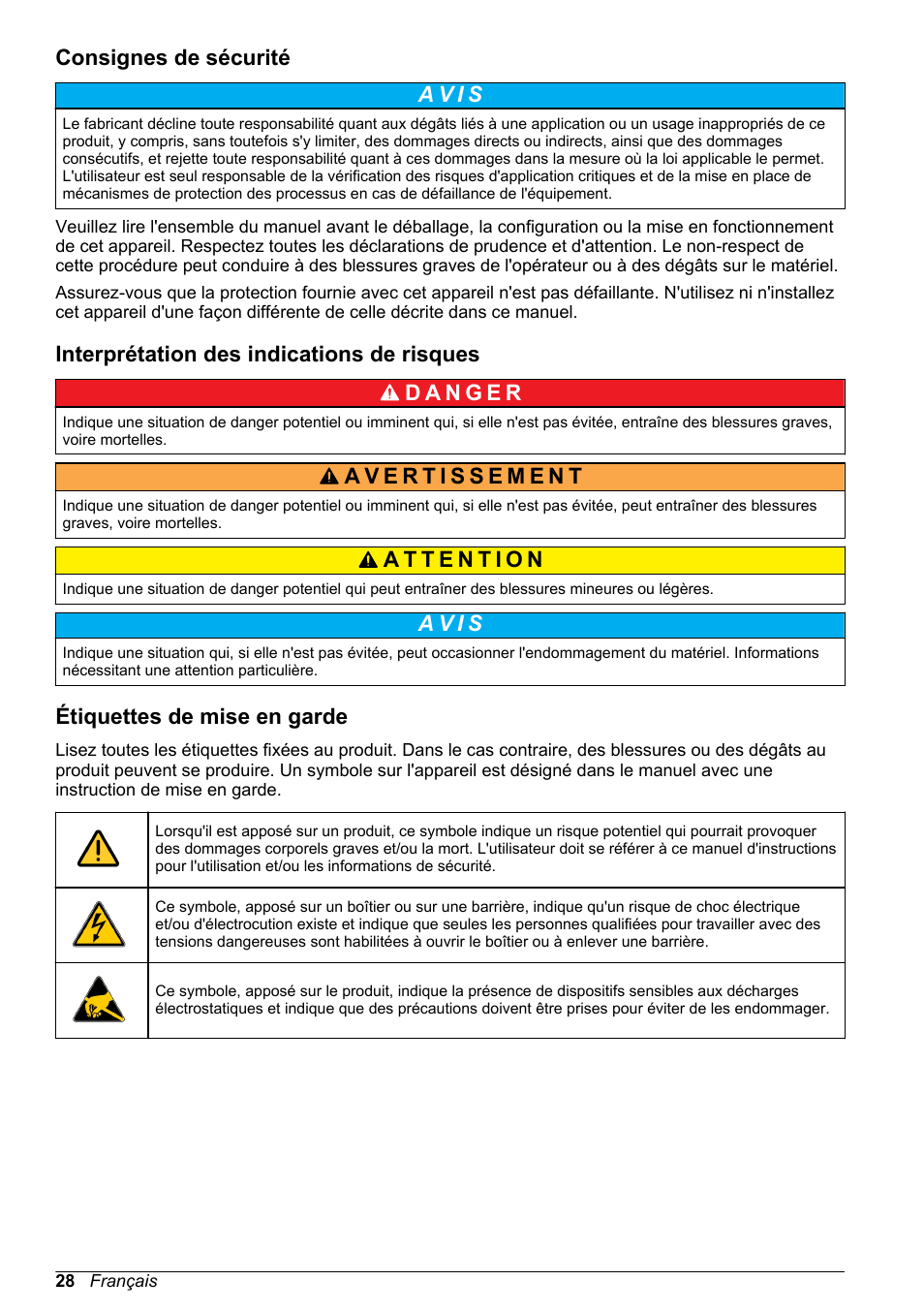 Consignes de sécurité, Interprétation des indications de risques, Étiquettes de mise en garde | A v i s | Hach-Lange POLYMETRON 9500 pH_ORP Sensors User Manual User Manual | Page 28 / 90