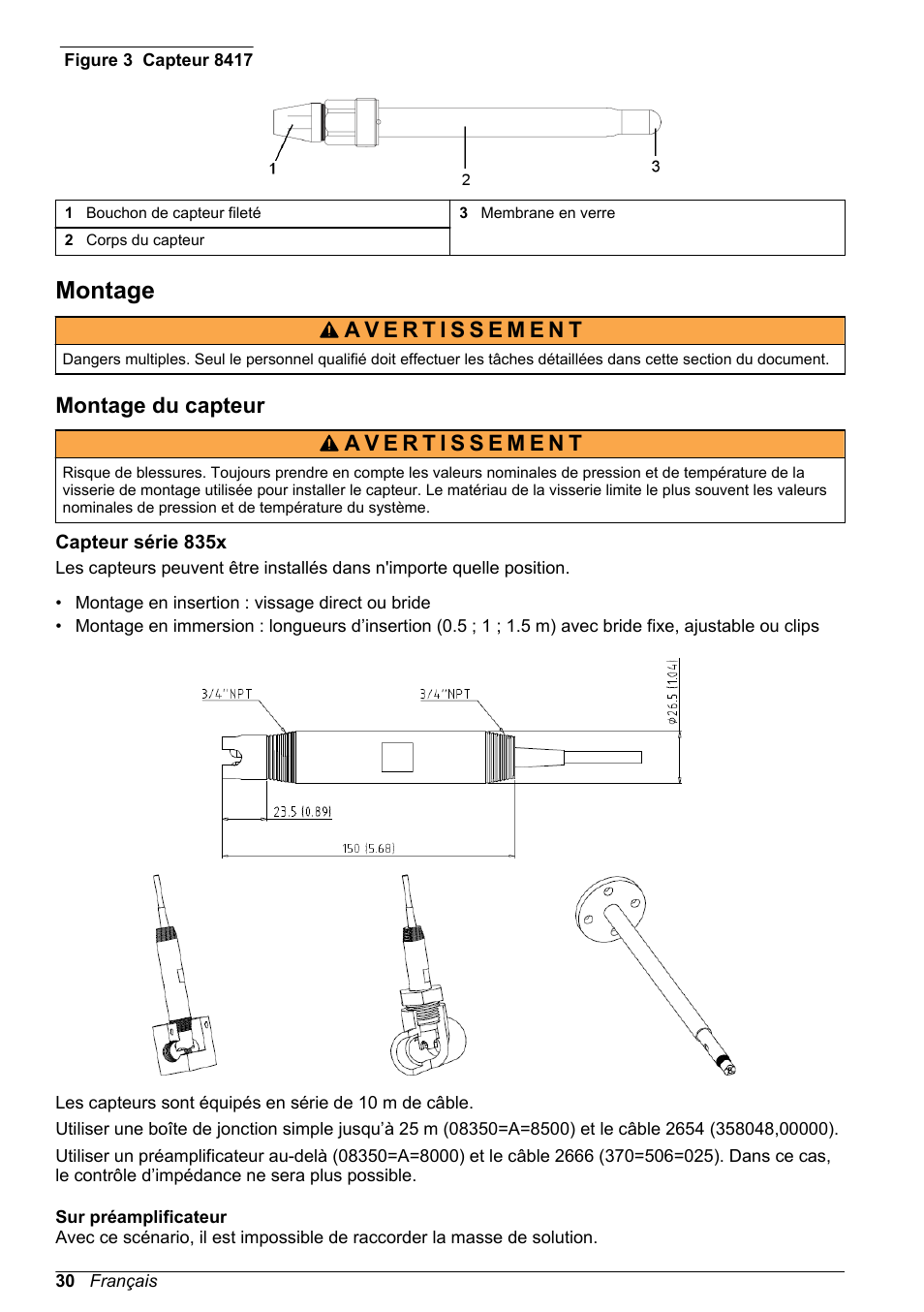Montage, Montage du capteur, Capteur série 835x | Sur préamplificateur | Hach-Lange POLYMETRON 9500 pH_ORP Sensors User Manual User Manual | Page 30 / 90