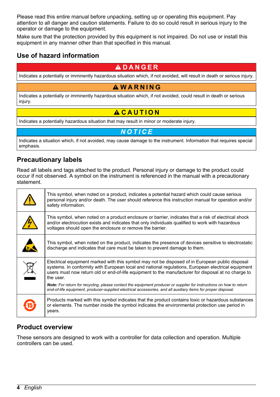 Use of hazard information, Precautionary labels, Product overview | Hach-Lange POLYMETRON 9500 pH_ORP Sensors User Manual User Manual | Page 4 / 90