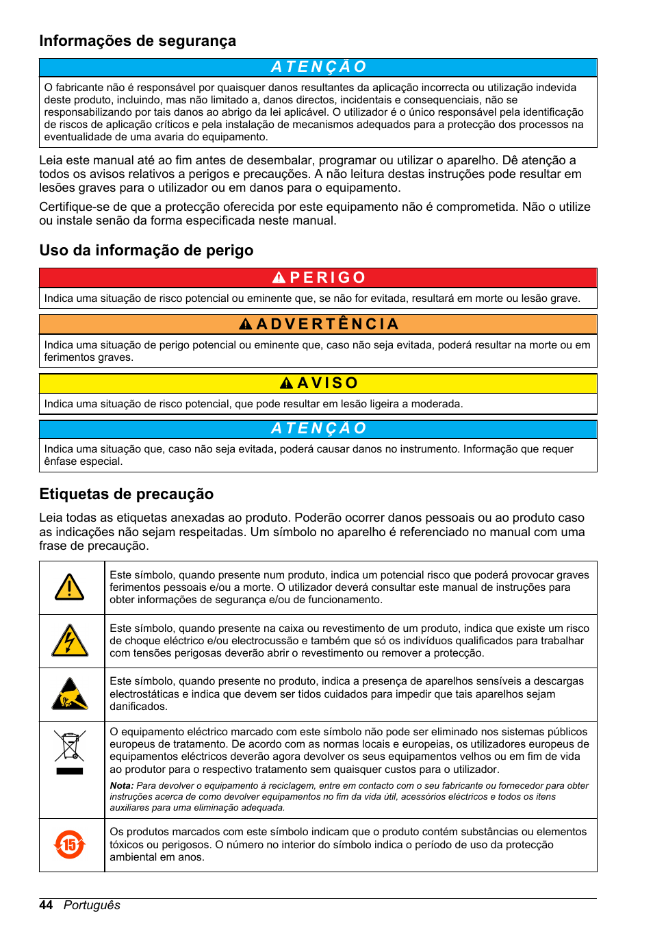 Informações de segurança, Uso da informação de perigo, Etiquetas de precaução | Hach-Lange POLYMETRON 9500 pH_ORP Sensors User Manual User Manual | Page 44 / 90