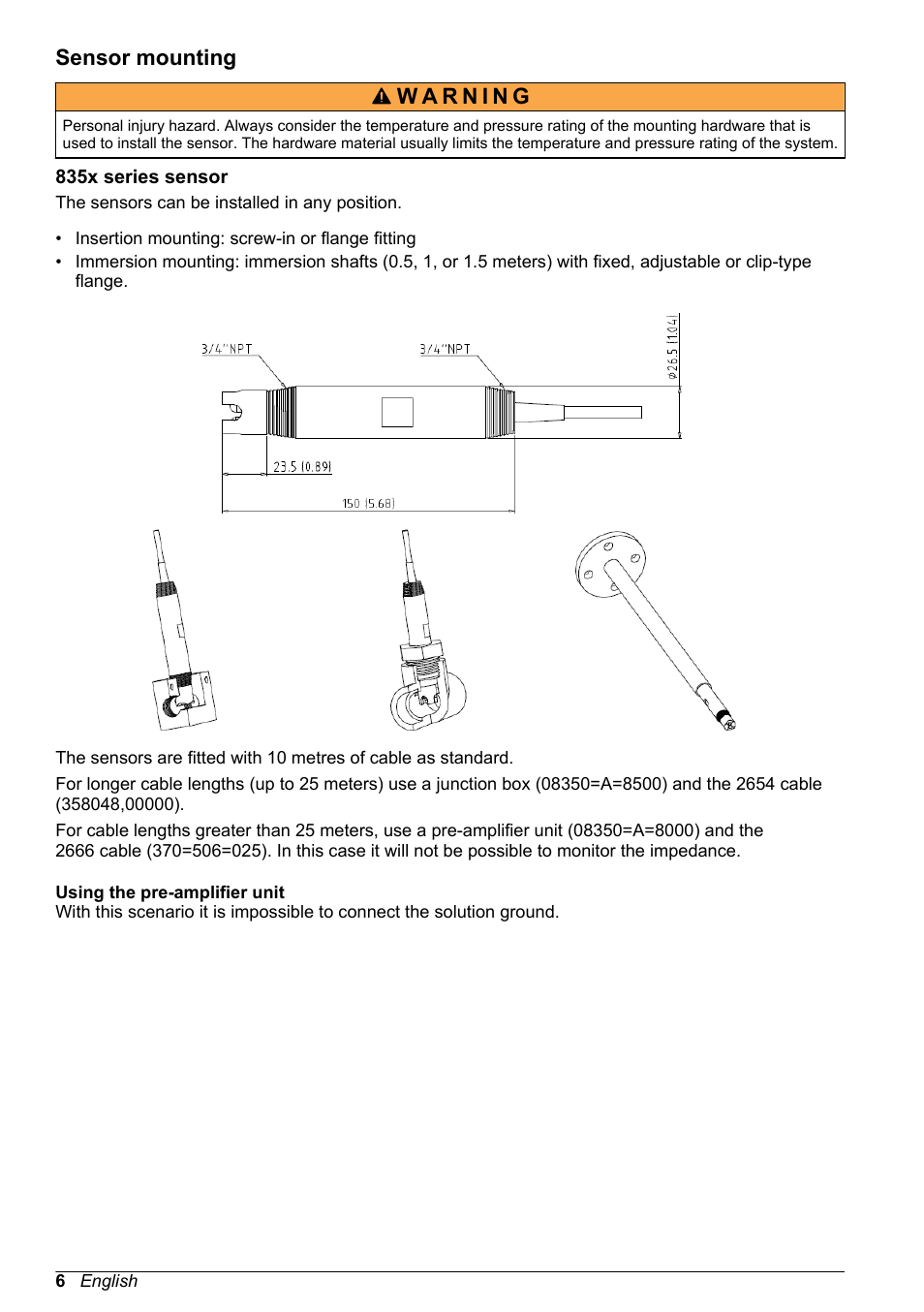 Sensor mounting, 835x series sensor, Using the pre-amplifier unit | Hach-Lange POLYMETRON 9500 pH_ORP Sensors User Manual User Manual | Page 6 / 90