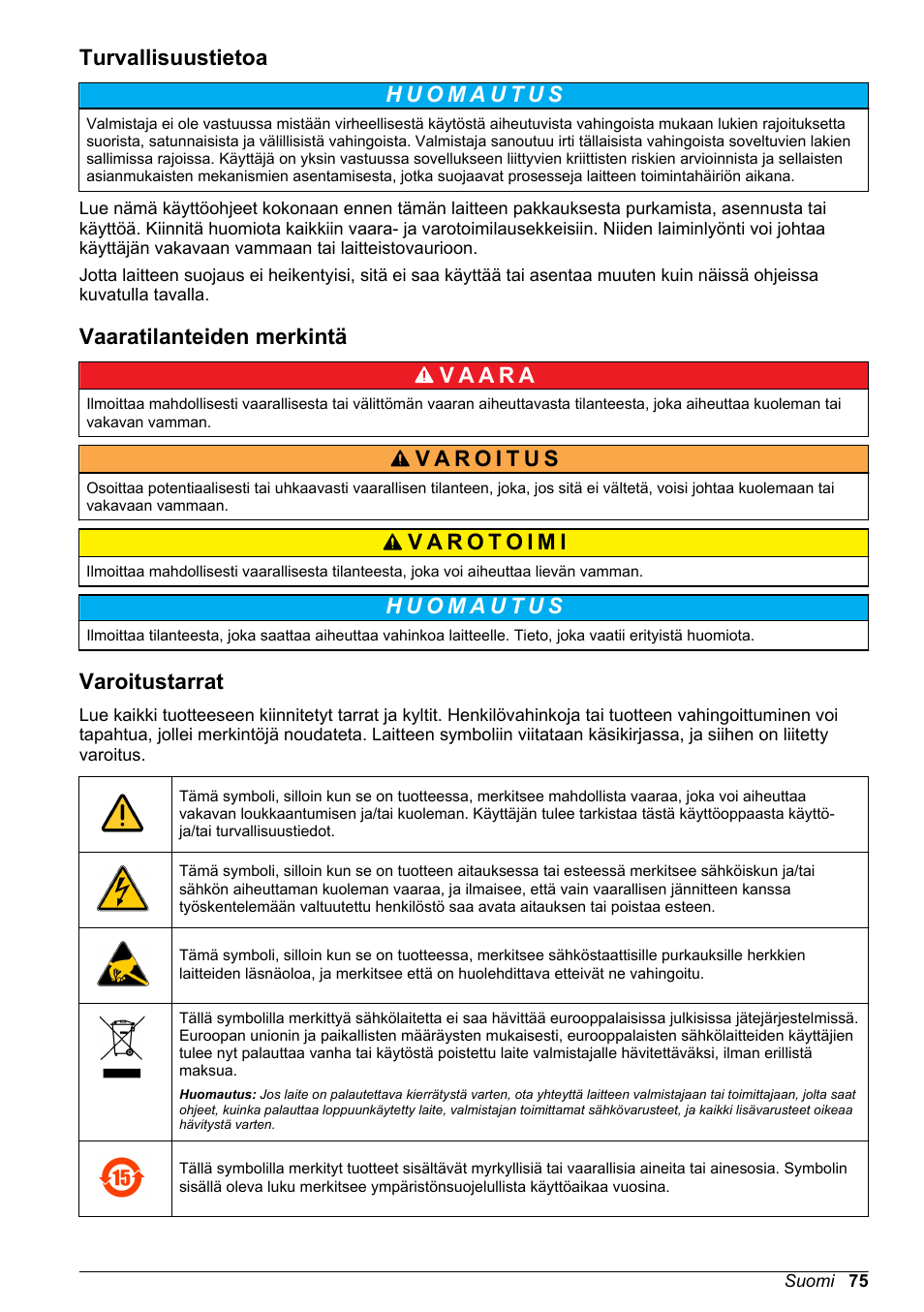 Turvallisuustietoa, Vaaratilanteiden merkintä, Varoitustarrat | Hach-Lange POLYMETRON 9500 pH_ORP Sensors User Manual User Manual | Page 75 / 90