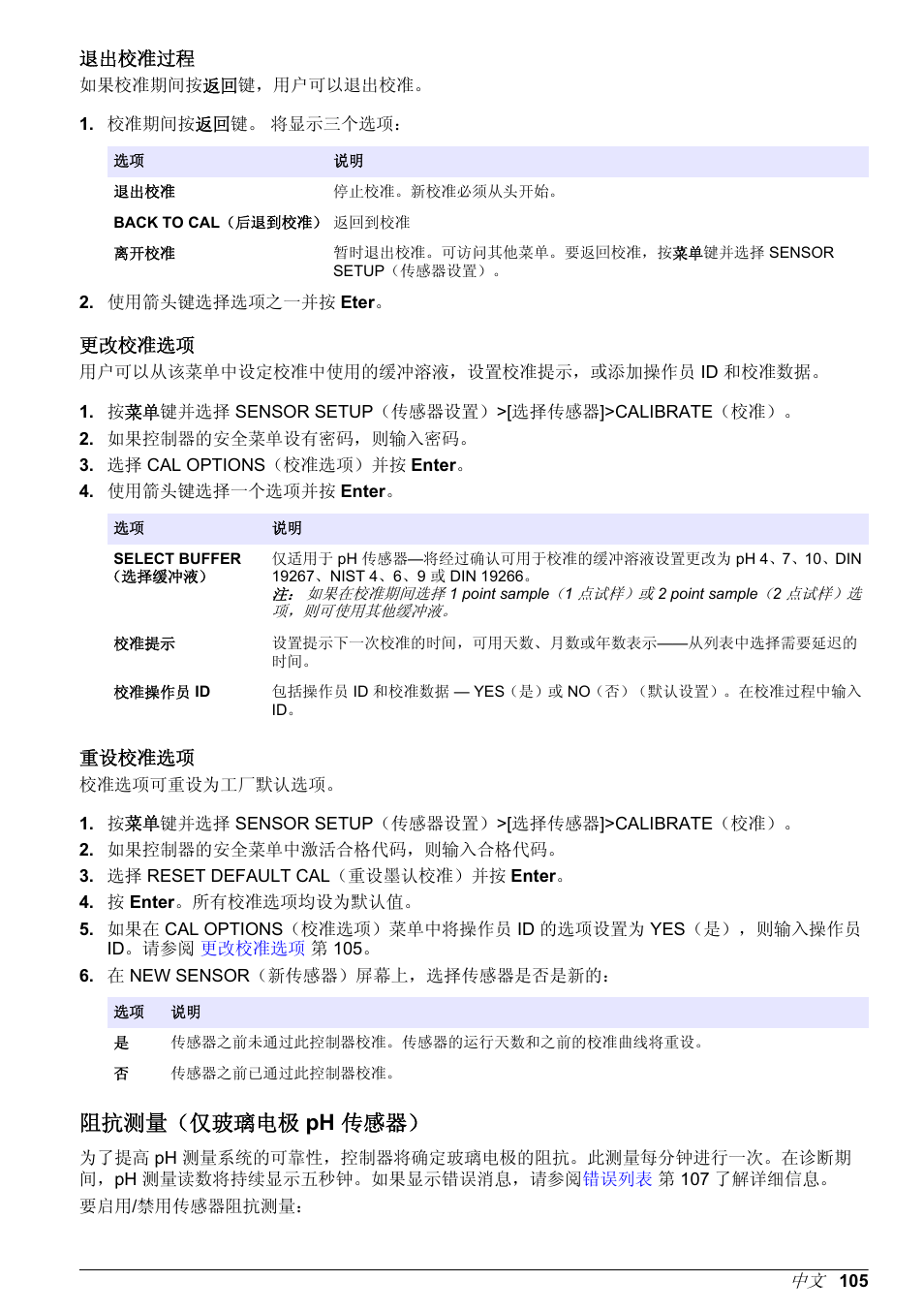 退出校准过程, 更改校准选项, 重设校准选项 | 阻抗测量（仅玻璃电极 ph 传感器, 改校准选项 | Hach-Lange POLYMETRON 9500 Ultrapure pH_ORP Module User Manual User Manual | Page 105 / 174