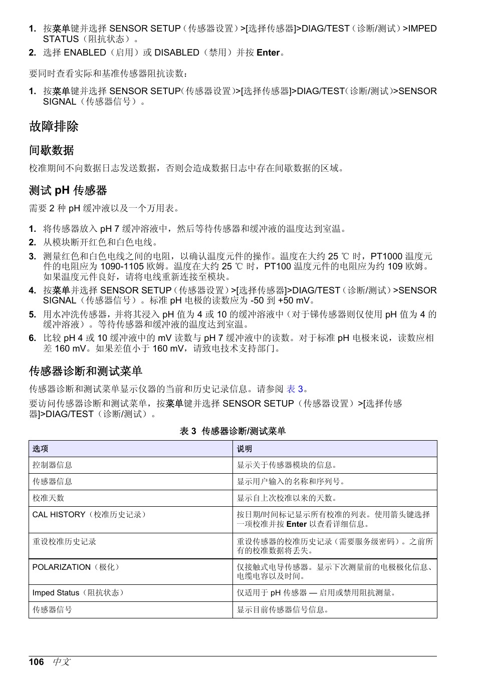 故障排除, 间歇数据, 测试 ph 传感器 | 传感器诊断和测试菜单, 详细信息，请参考 | Hach-Lange POLYMETRON 9500 Ultrapure pH_ORP Module User Manual User Manual | Page 106 / 174