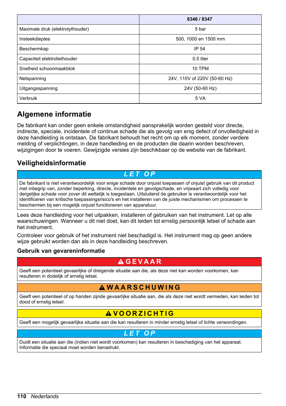 Algemene informatie, Veiligheidsinformatie, Gebruik van gevareninformatie | Hach-Lange POLYMETRON 9500 Ultrapure pH_ORP Module User Manual User Manual | Page 110 / 174