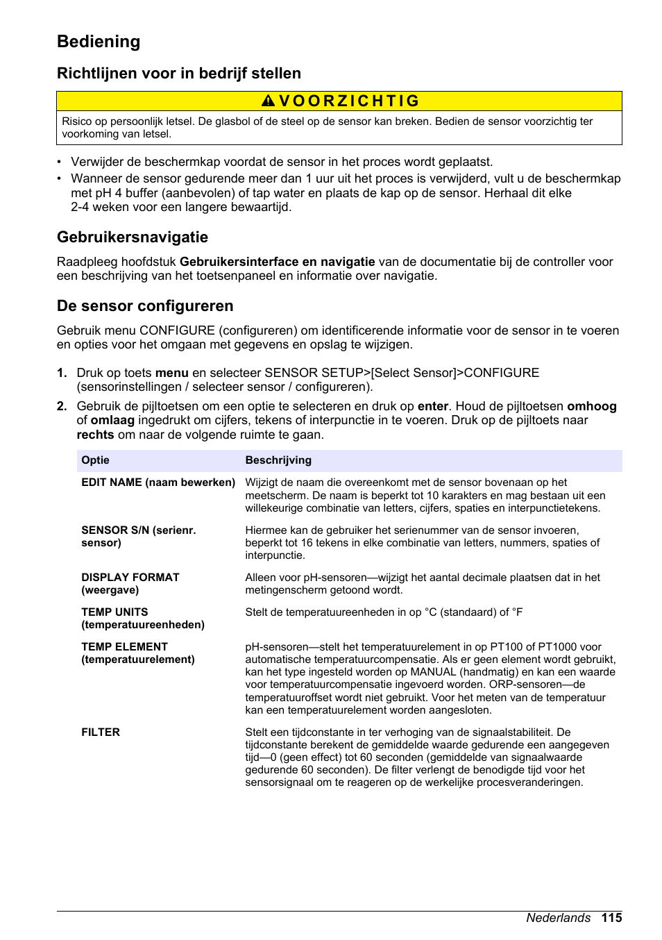 Bediening, Richtlijnen voor in bedrijf stellen, Gebruikersnavigatie | De sensor configureren | Hach-Lange POLYMETRON 9500 Ultrapure pH_ORP Module User Manual User Manual | Page 115 / 174