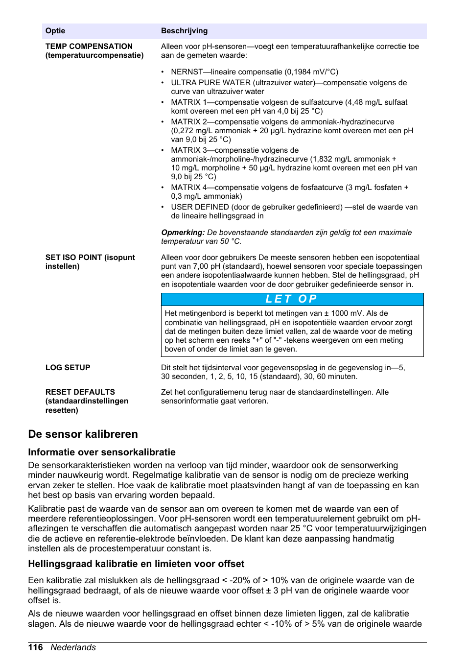 De sensor kalibreren, Informatie over sensorkalibratie, Hellingsgraad kalibratie en limieten voor offset | Hach-Lange POLYMETRON 9500 Ultrapure pH_ORP Module User Manual User Manual | Page 116 / 174