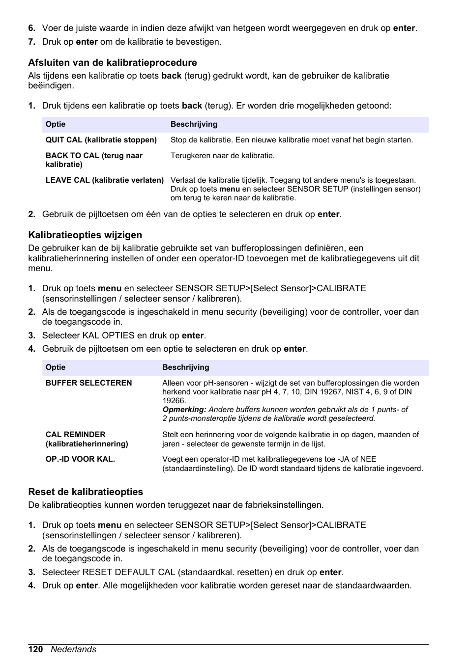 Afsluiten van de kalibratieprocedure, Kalibratieopties wijzigen, Reset de kalibratieopties | Kalibratieopties) aangegeven is (raadpleeg, Kalibratieopties, Wijzigen, Een gebruikers-id in te voeren. raadpleeg | Hach-Lange POLYMETRON 9500 Ultrapure pH_ORP Module User Manual User Manual | Page 120 / 174