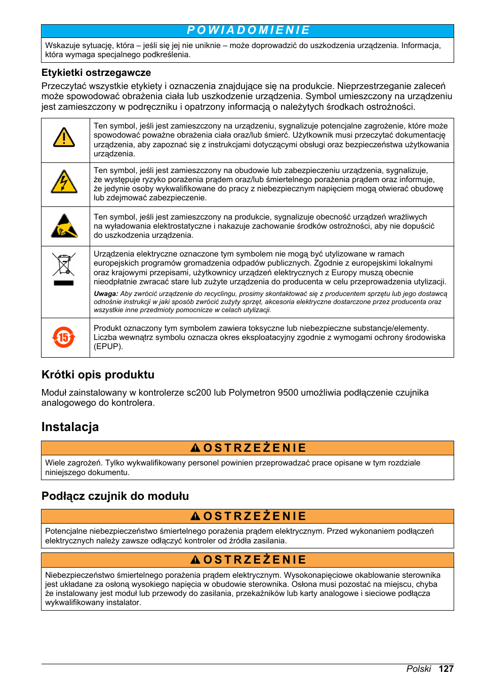 Etykietki ostrzegawcze, Krótki opis produktu, Instalacja | Podłącz czujnik do modułu | Hach-Lange POLYMETRON 9500 Ultrapure pH_ORP Module User Manual User Manual | Page 127 / 174