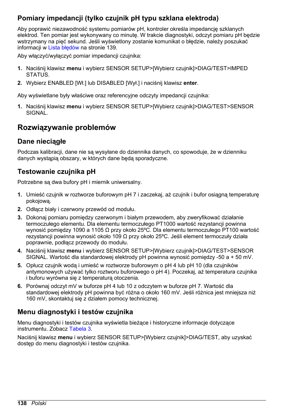 Rozwiązywanie problemów, Dane nieciągłe, Testowanie czujnika ph | Menu diagnostyki i testów czujnika, Na stronie | Hach-Lange POLYMETRON 9500 Ultrapure pH_ORP Module User Manual User Manual | Page 138 / 174