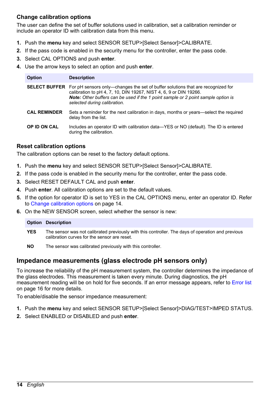 Change calibration options, Reset calibration options | Hach-Lange POLYMETRON 9500 Ultrapure pH_ORP Module User Manual User Manual | Page 14 / 174