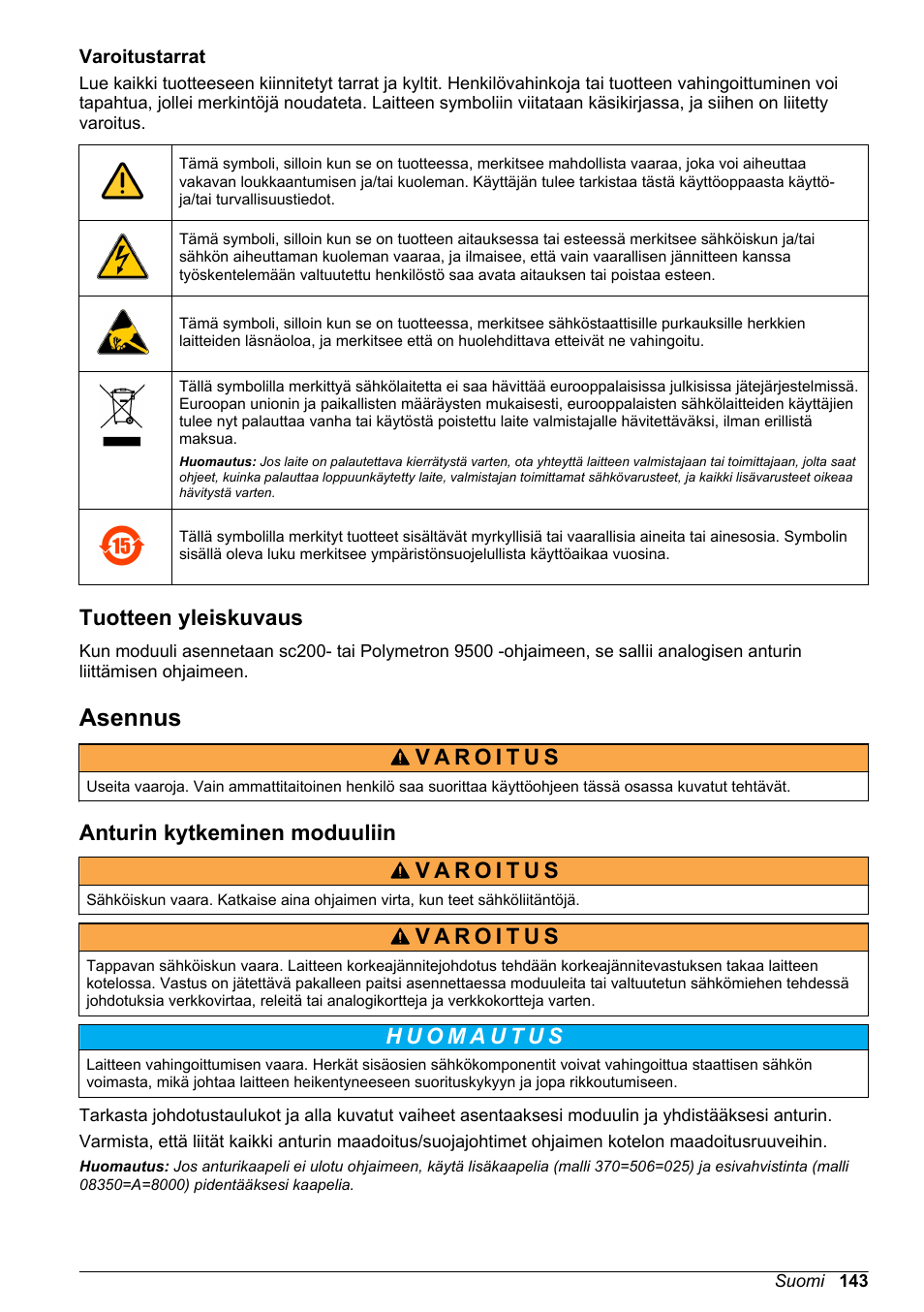 Varoitustarrat, Tuotteen yleiskuvaus, Asennus | Anturin kytkeminen moduuliin | Hach-Lange POLYMETRON 9500 Ultrapure pH_ORP Module User Manual User Manual | Page 143 / 174