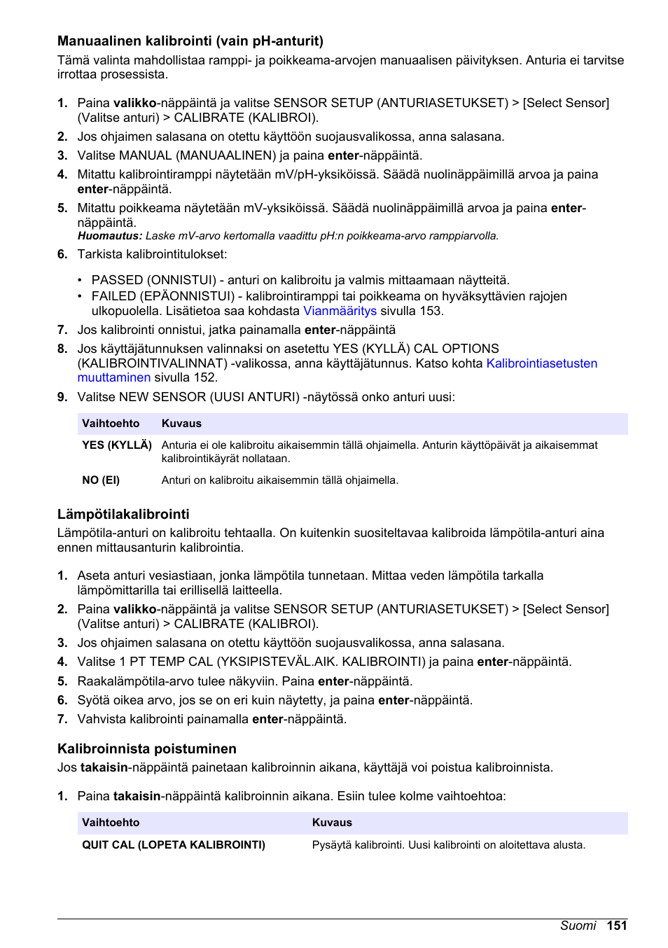 Manuaalinen kalibrointi (vain ph-anturit), Lämpötilakalibrointi, Kalibroinnista poistuminen | Hach-Lange POLYMETRON 9500 Ultrapure pH_ORP Module User Manual User Manual | Page 151 / 174