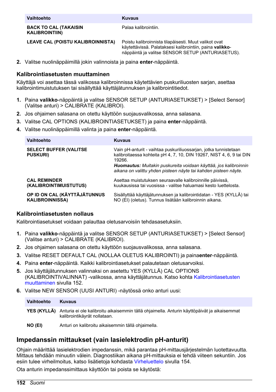 Kalibrointiasetusten muuttaminen, Kalibrointiasetusten nollaus, Kalibrointiasetusten | Muuttaminen, Sivulla 152, Sivulla | Hach-Lange POLYMETRON 9500 Ultrapure pH_ORP Module User Manual User Manual | Page 152 / 174