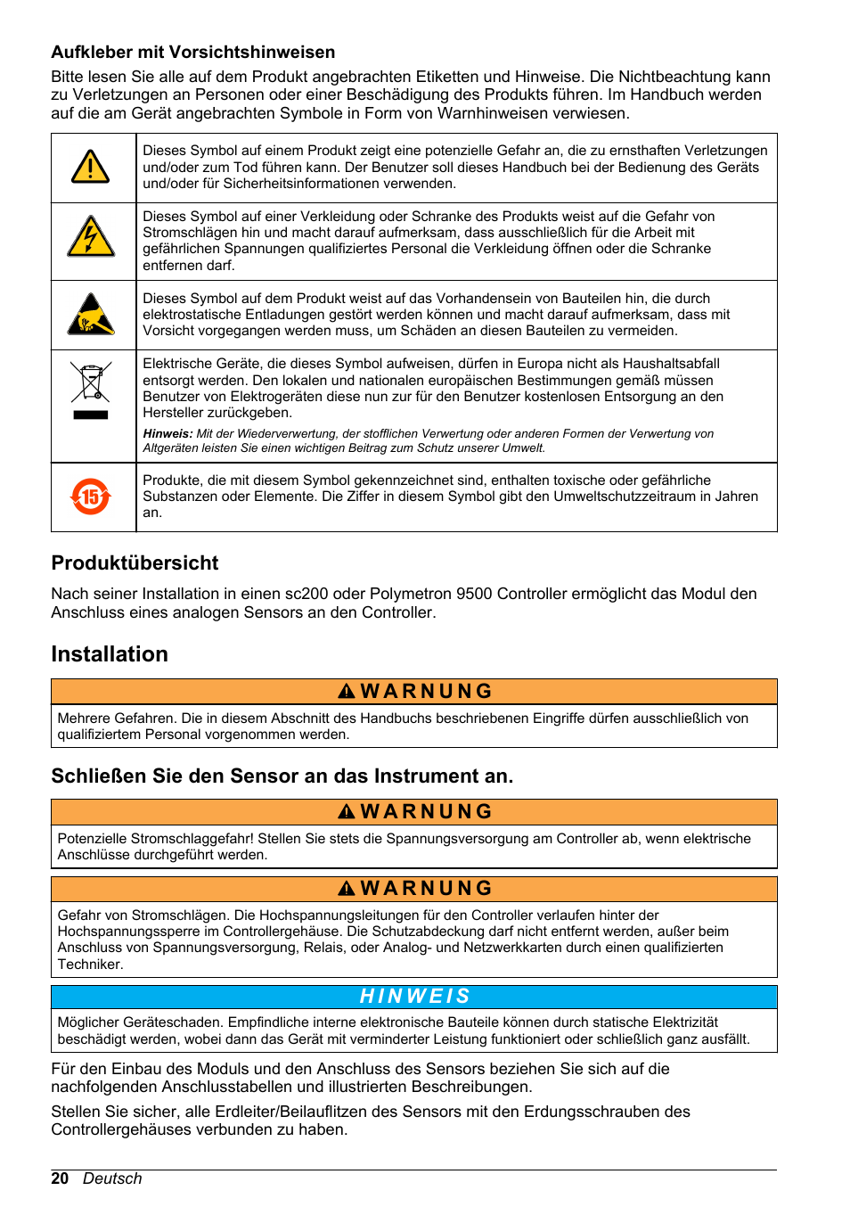 Aufkleber mit vorsichtshinweisen, Produktübersicht, Installation | Schließen sie den sensor an das instrument an | Hach-Lange POLYMETRON 9500 Ultrapure pH_ORP Module User Manual User Manual | Page 20 / 174