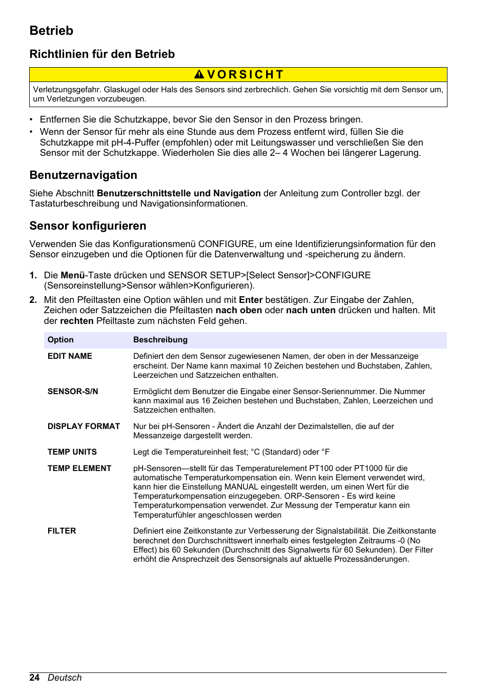 Betrieb, Richtlinien für den betrieb, Benutzernavigation | Sensor konfigurieren | Hach-Lange POLYMETRON 9500 Ultrapure pH_ORP Module User Manual User Manual | Page 24 / 174