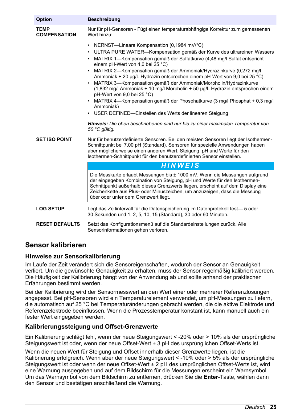 Sensor kalibrieren, Hinweise zur sensorkalibrierung, Kalibrierungssteigung und offset-grenzwerte | Hach-Lange POLYMETRON 9500 Ultrapure pH_ORP Module User Manual User Manual | Page 25 / 174