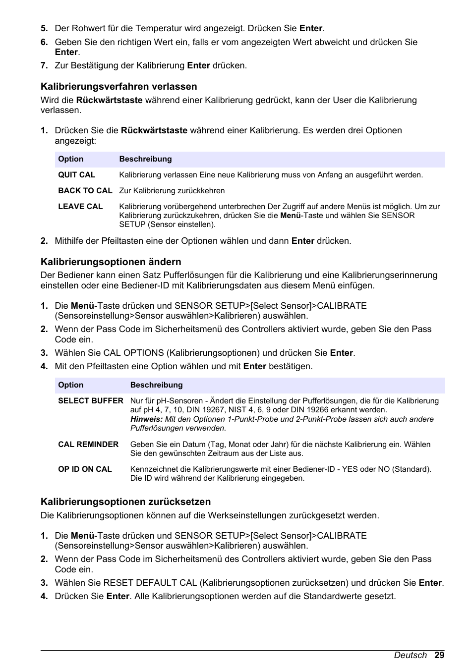 Kalibrierungsverfahren verlassen, Kalibrierungsoptionen ändern, Kalibrierungsoptionen zurücksetzen | Auf seite 29), Wurde (siehe | Hach-Lange POLYMETRON 9500 Ultrapure pH_ORP Module User Manual User Manual | Page 29 / 174