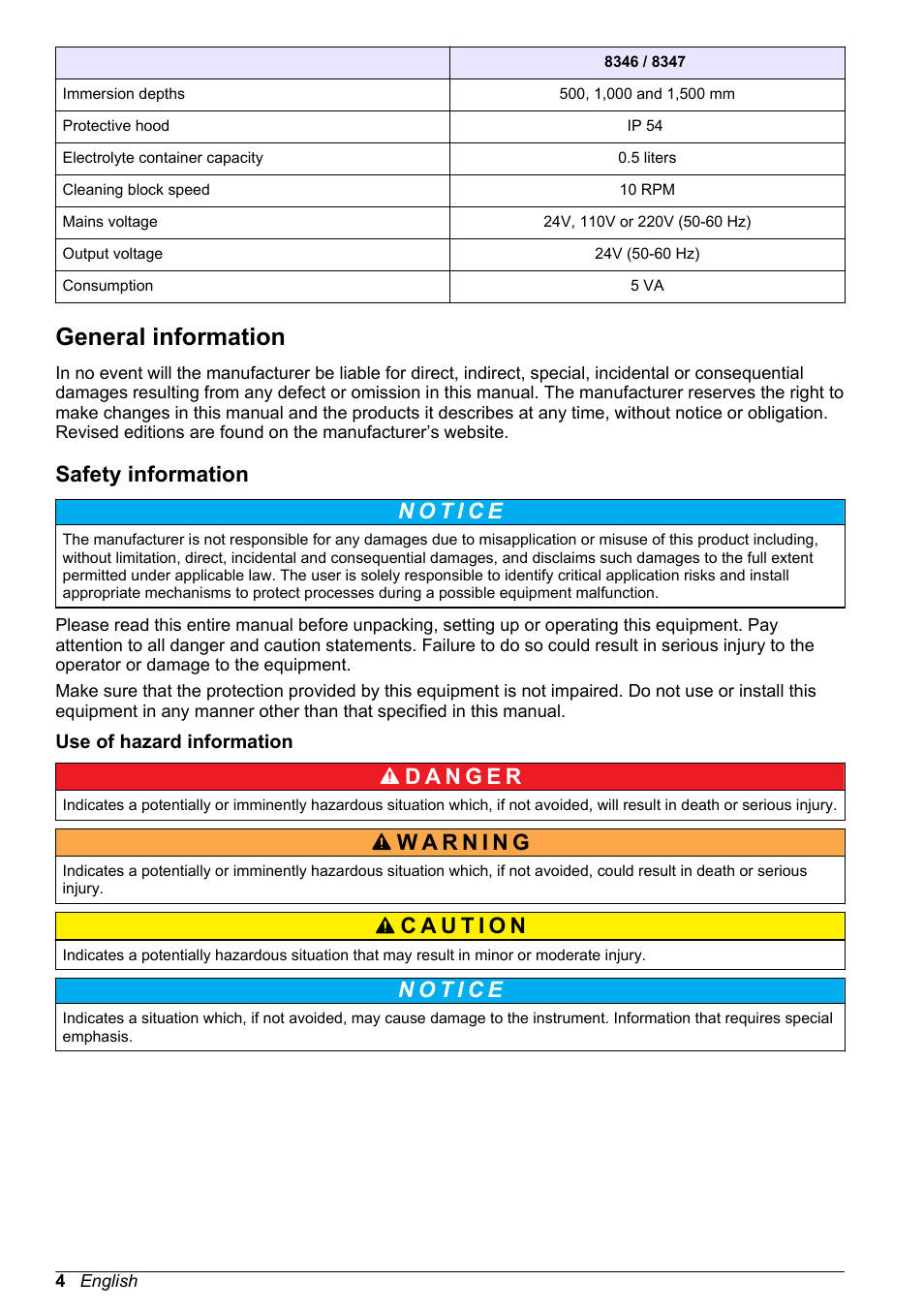 General information, Safety information, Use of hazard information | Hach-Lange POLYMETRON 9500 Ultrapure pH_ORP Module User Manual User Manual | Page 4 / 174