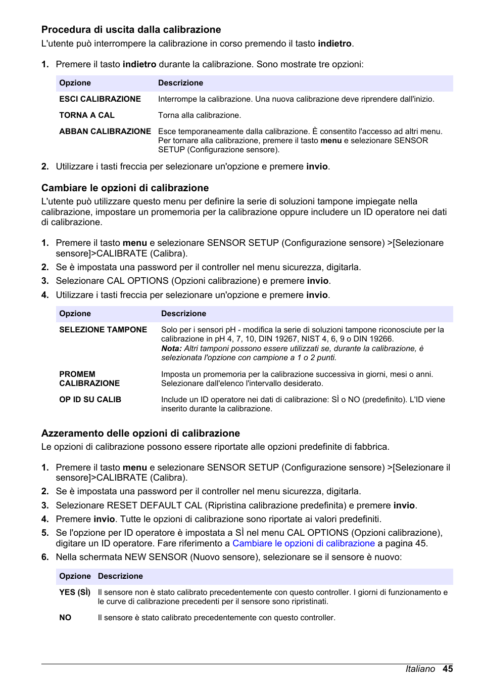 Procedura di uscita dalla calibrazione, Cambiare le opzioni di calibrazione, Azzeramento delle opzioni di calibrazione | Riferimento a, Cambiare, Le opzioni di calibrazione, Digitare un id operatore. fare riferimento a | Hach-Lange POLYMETRON 9500 Ultrapure pH_ORP Module User Manual User Manual | Page 45 / 174