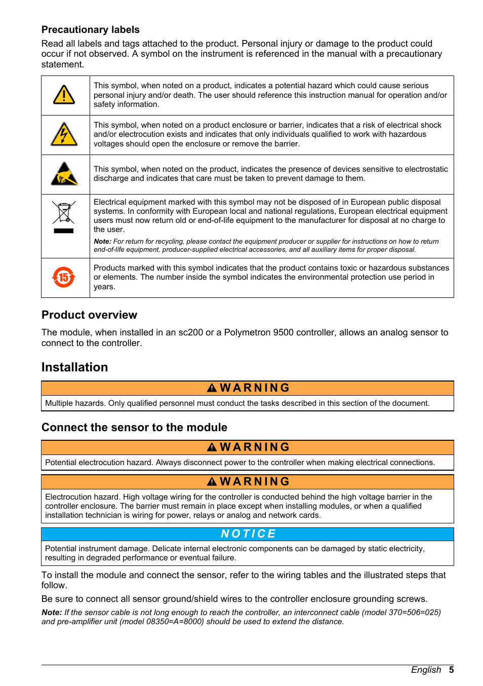 Precautionary labels, Product overview, Installation | Connect the sensor to the module | Hach-Lange POLYMETRON 9500 Ultrapure pH_ORP Module User Manual User Manual | Page 5 / 174
