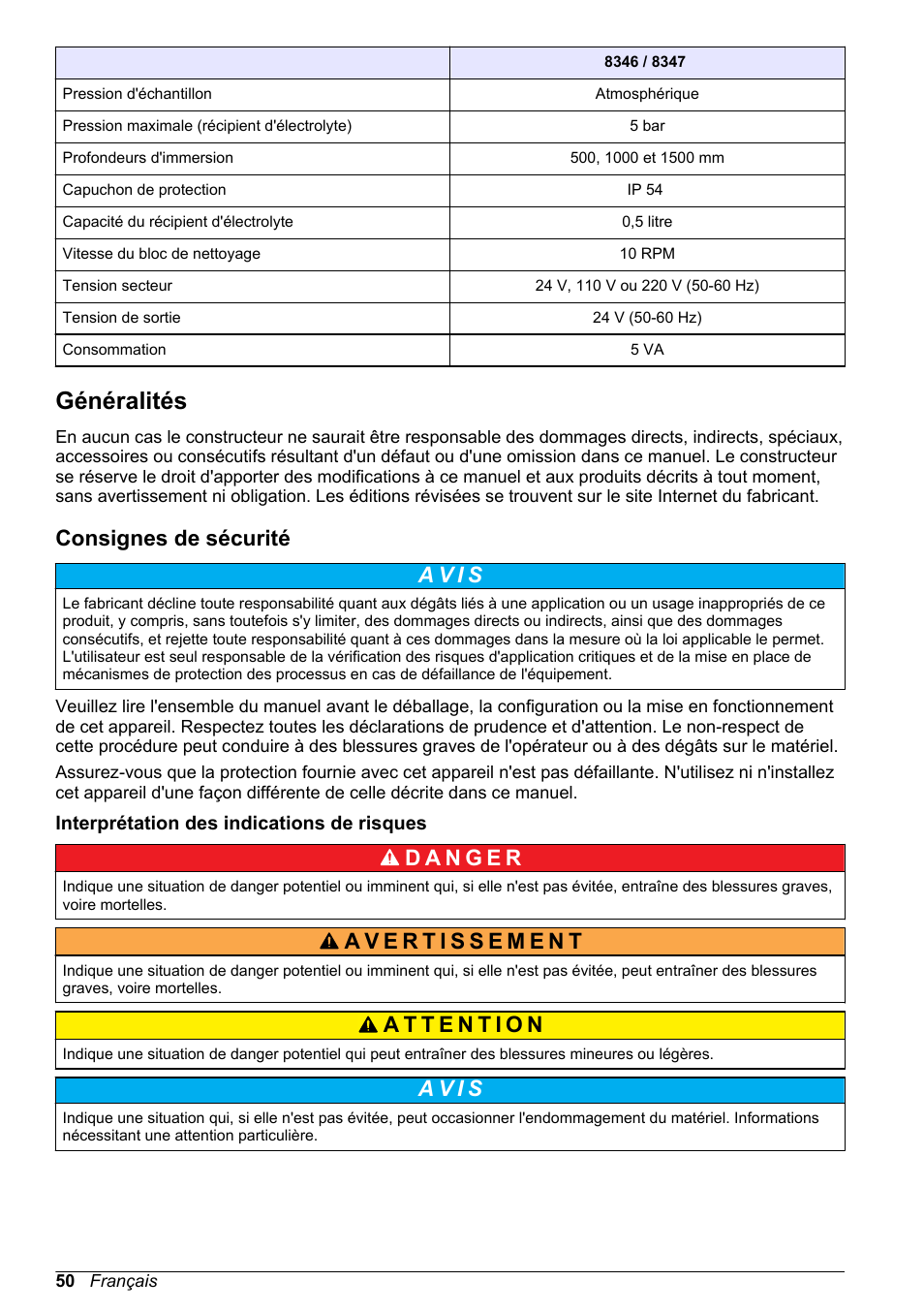 Généralités, Consignes de sécurité, Interprétation des indications de risques | A v i s | Hach-Lange POLYMETRON 9500 Ultrapure pH_ORP Module User Manual User Manual | Page 50 / 174