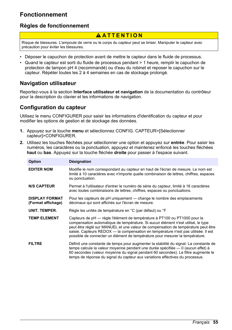 Fonctionnement, Règles de fonctionnement, Navigation utilisateur | Configuration du capteur | Hach-Lange POLYMETRON 9500 Ultrapure pH_ORP Module User Manual User Manual | Page 55 / 174