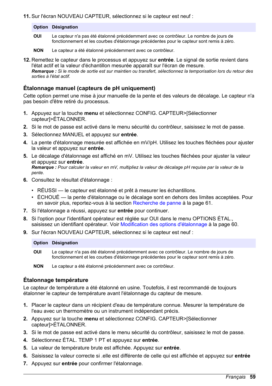 Étalonnage manuel (capteurs de ph uniquement), Étalonnage température | Hach-Lange POLYMETRON 9500 Ultrapure pH_ORP Module User Manual User Manual | Page 59 / 174