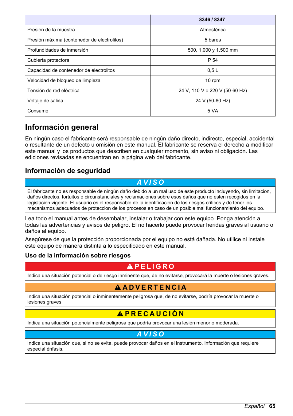 Información general, Información de seguridad, Uso de la información sobre riesgos | Hach-Lange POLYMETRON 9500 Ultrapure pH_ORP Module User Manual User Manual | Page 65 / 174