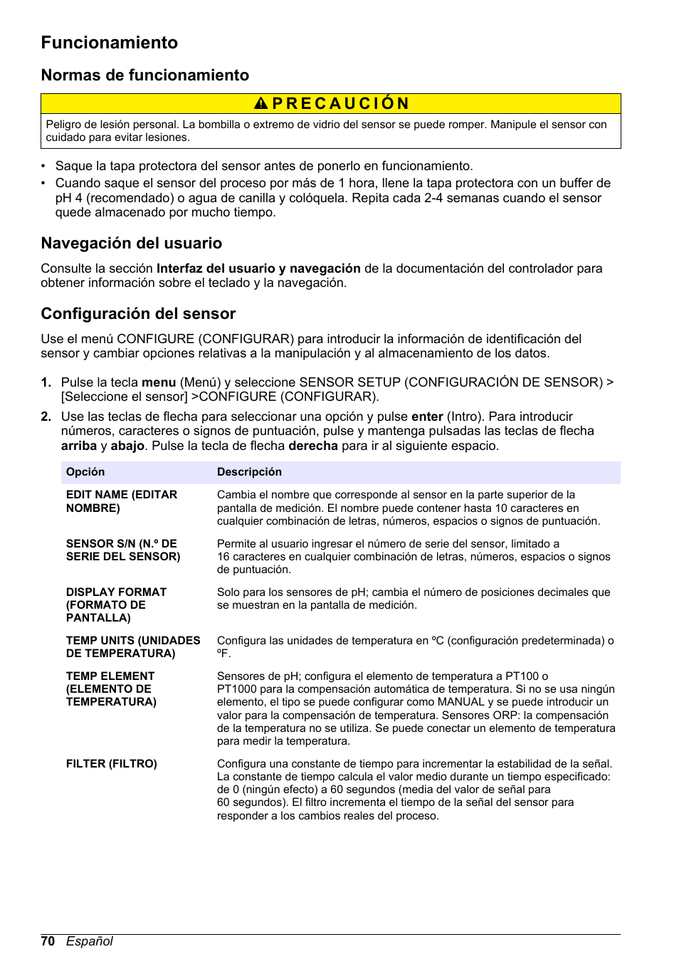 Funcionamiento, Normas de funcionamiento, Navegación del usuario | Configuración del sensor | Hach-Lange POLYMETRON 9500 Ultrapure pH_ORP Module User Manual User Manual | Page 70 / 174