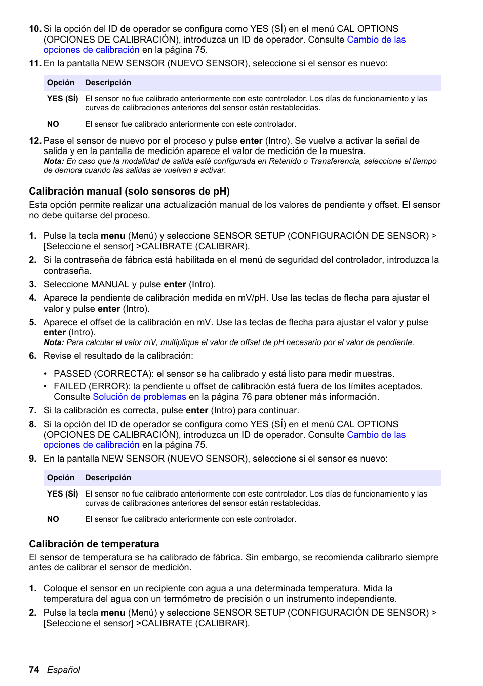 Calibración manual (solo sensores de ph), Calibración de temperatura | Hach-Lange POLYMETRON 9500 Ultrapure pH_ORP Module User Manual User Manual | Page 74 / 174