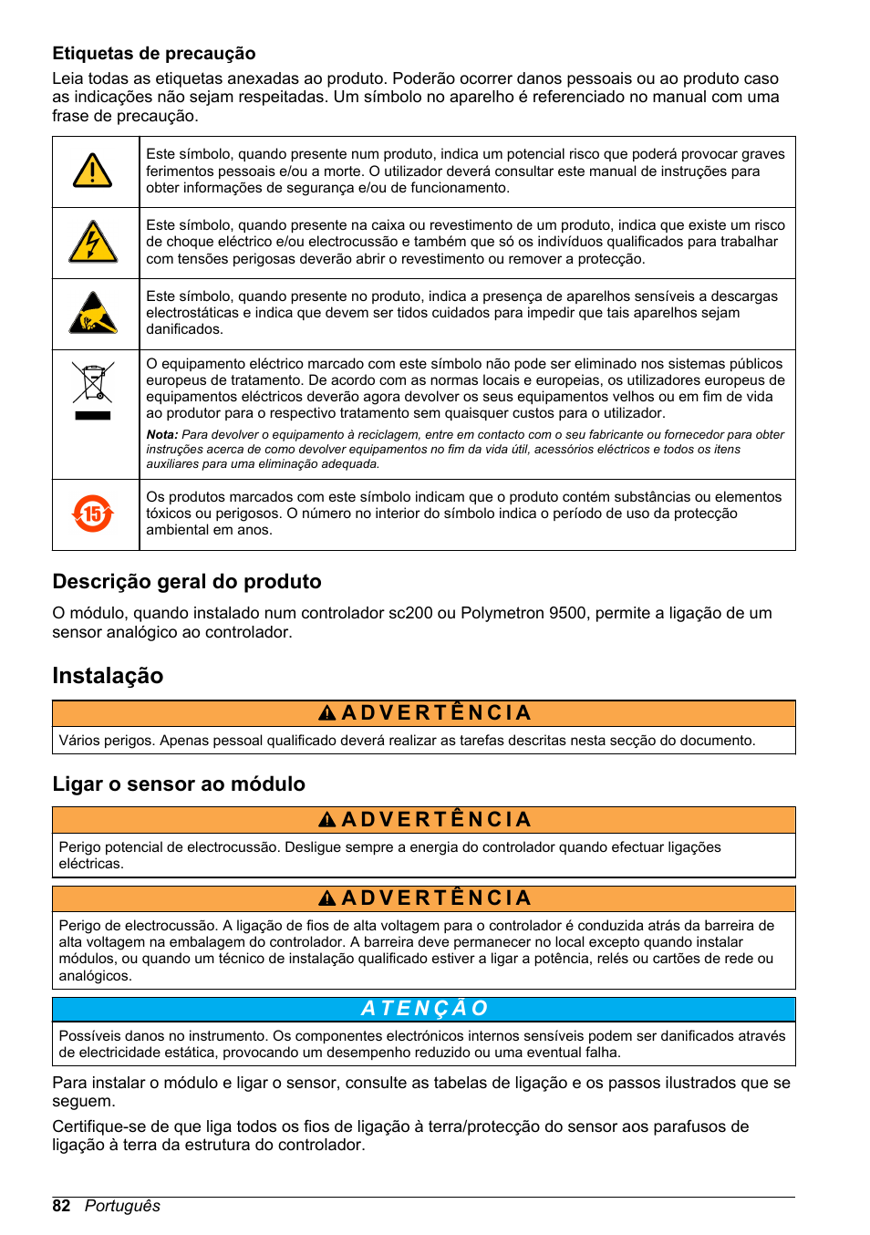 Etiquetas de precaução, Descrição geral do produto, Instalação | Ligar o sensor ao módulo | Hach-Lange POLYMETRON 9500 Ultrapure pH_ORP Module User Manual User Manual | Page 82 / 174