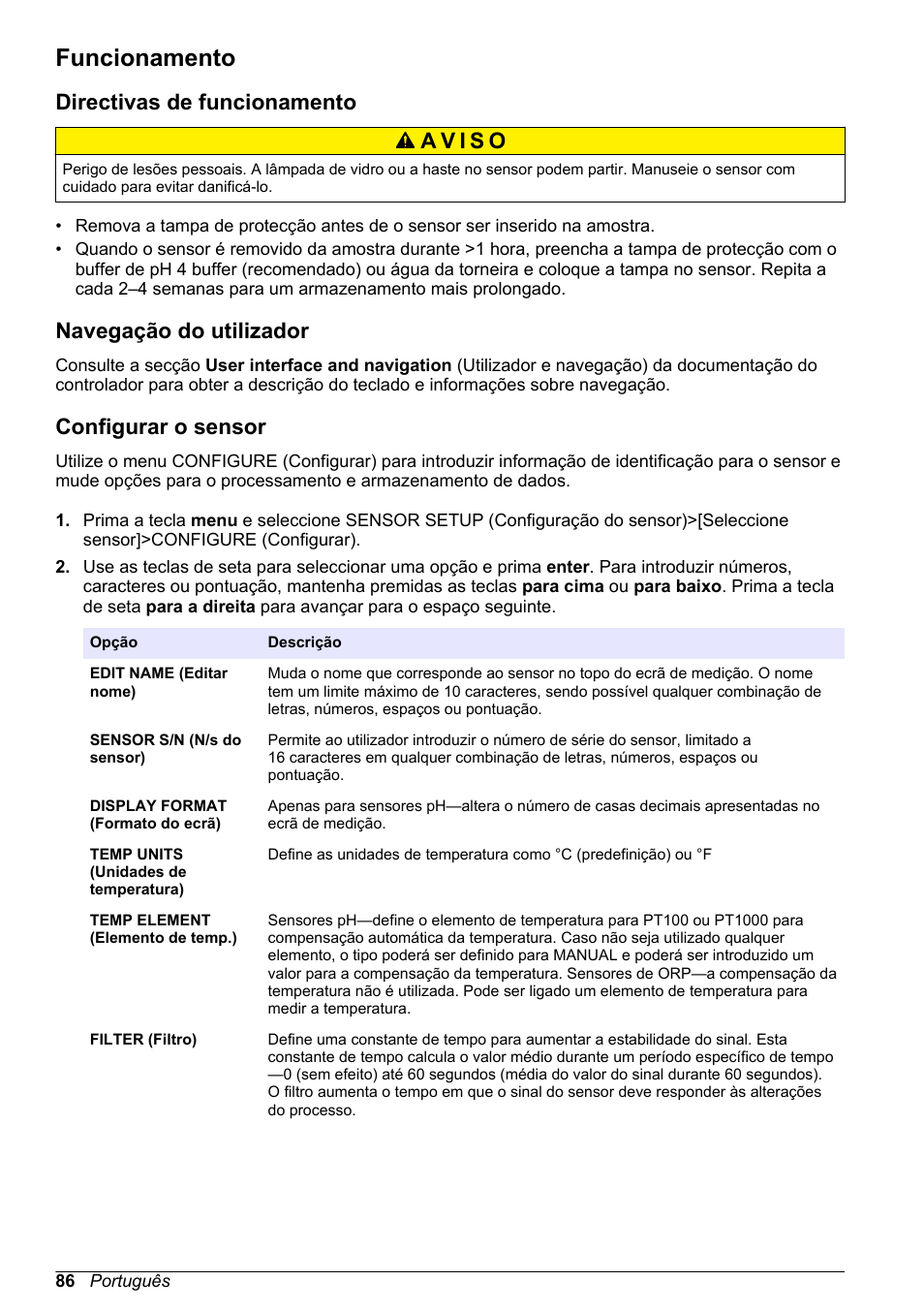 Funcionamento, Directivas de funcionamento, Navegação do utilizador | Configurar o sensor | Hach-Lange POLYMETRON 9500 Ultrapure pH_ORP Module User Manual User Manual | Page 86 / 174