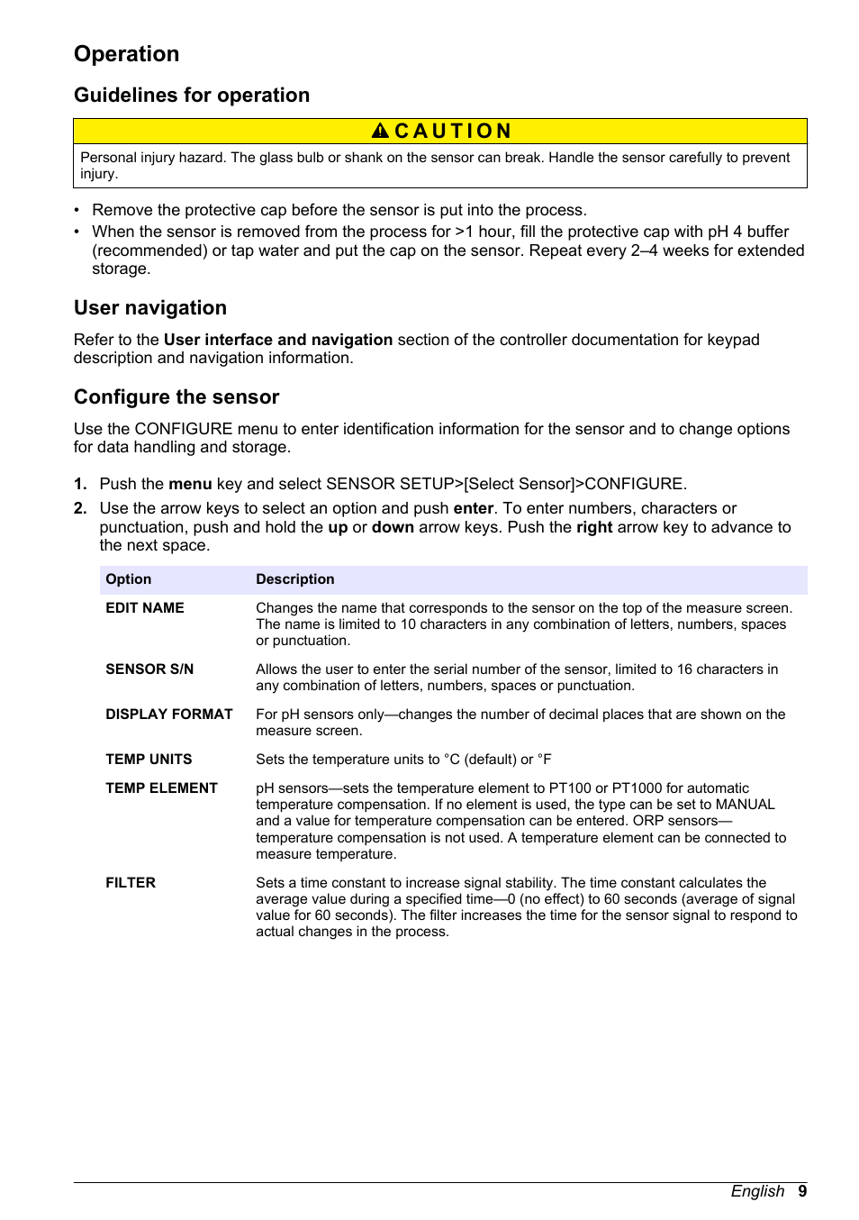 Operation, Guidelines for operation, User navigation | Configure the sensor | Hach-Lange POLYMETRON 9500 Ultrapure pH_ORP Module User Manual User Manual | Page 9 / 174