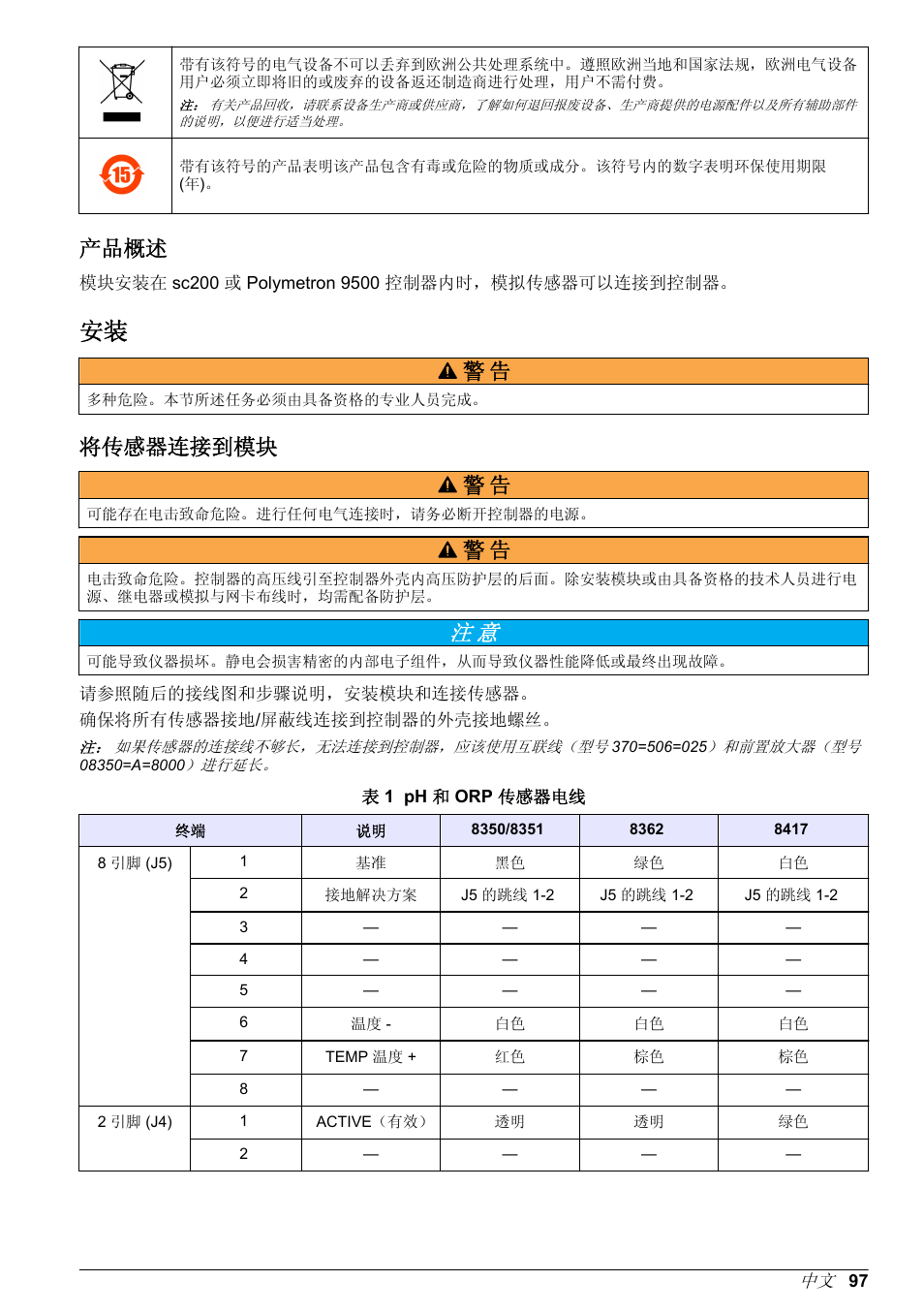 产品概述, 将传感器连接到模块, 将传感器连接到模块 警 告 | Hach-Lange POLYMETRON 9500 Ultrapure pH_ORP Module User Manual User Manual | Page 97 / 174